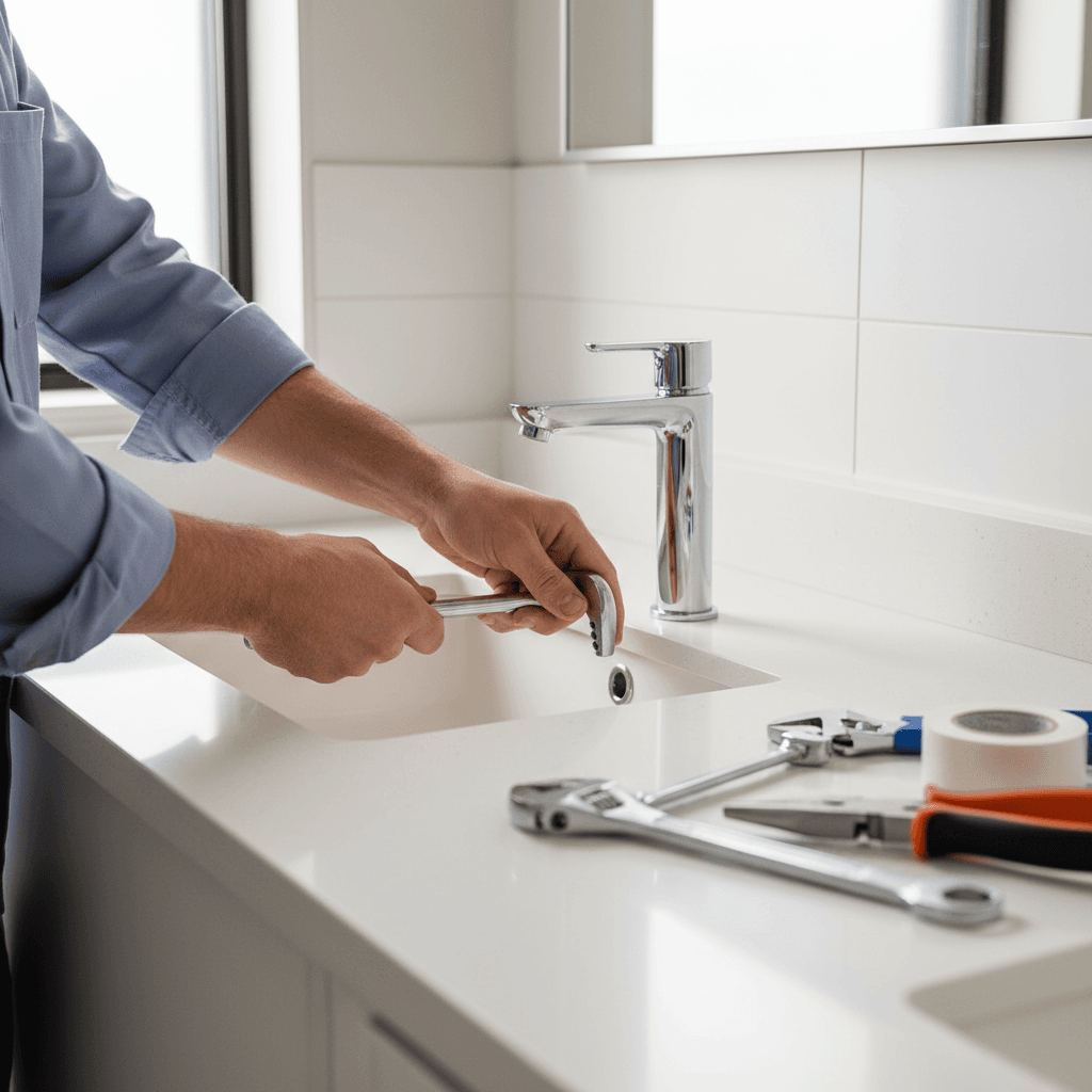 handyman installing new faucet in modern bathroom sink with professional tools