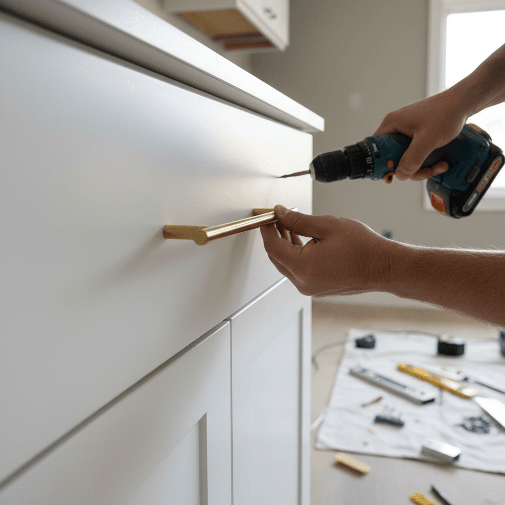 Handyman installing cabinet hardware in kitchen renovation