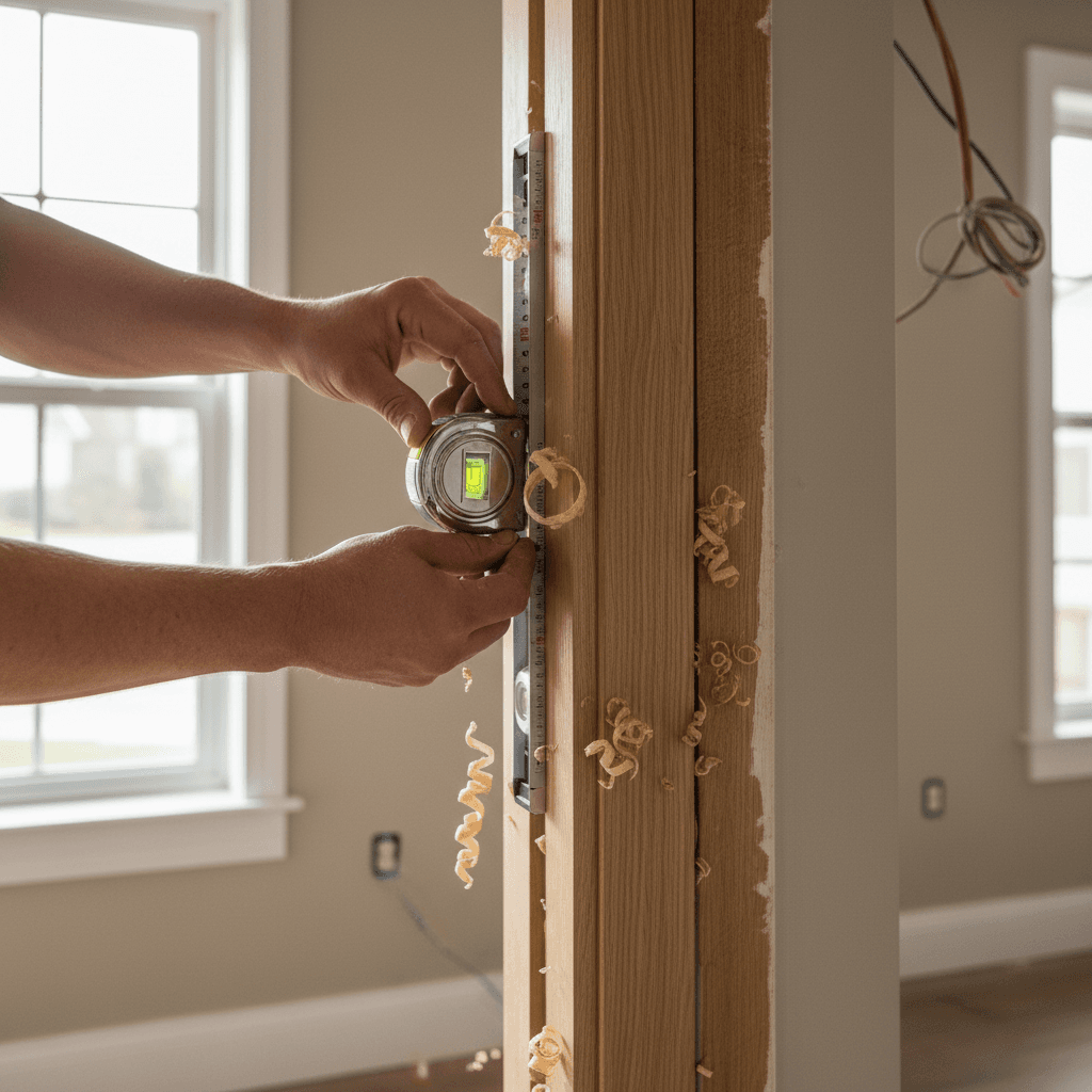 Skilled tradesperson installing door frame in residential home