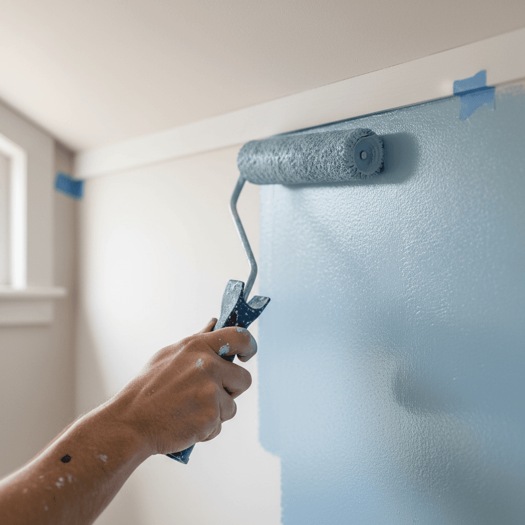 painter applying fresh interior paint to living room wall with roller and brush